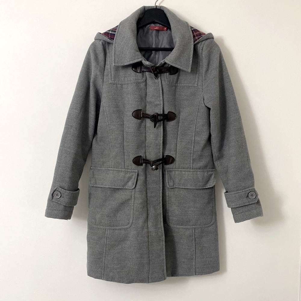 Ceu Gray Plaid Hood Duffle Coat